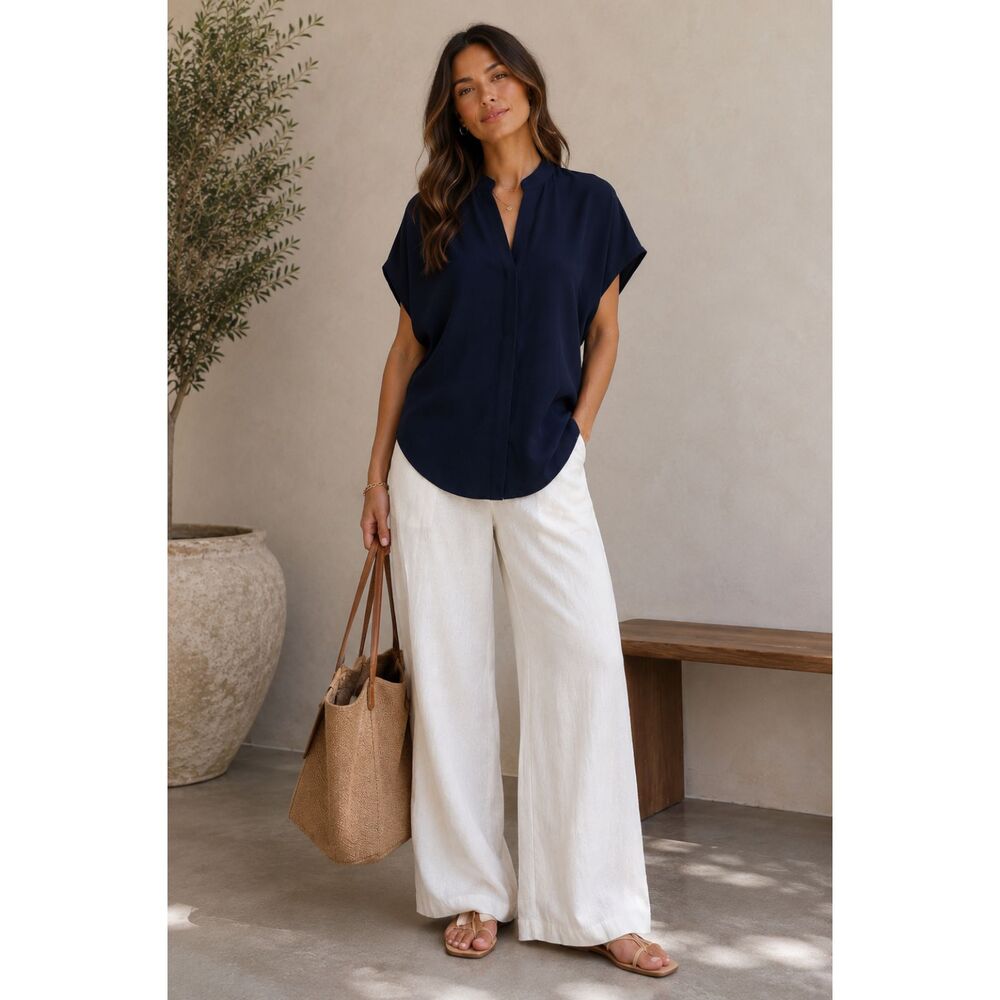 Vince 100% Silk Navy Dolman Sleeve Popover Blouse Navy Blue XS Minimalist Luxury